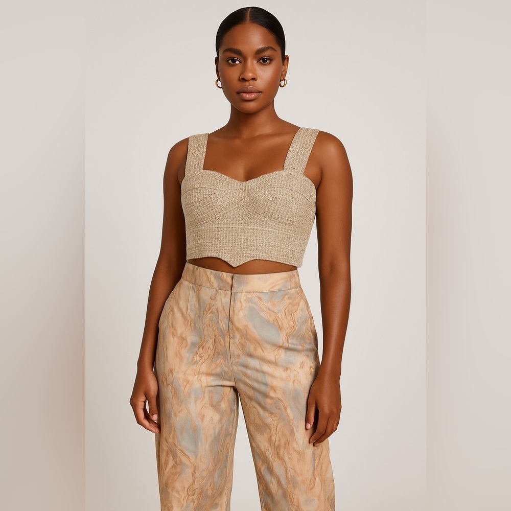 MIcas Women's Gold Woven Crop Top w/High Waisted Marble Print Straight Leg Pant